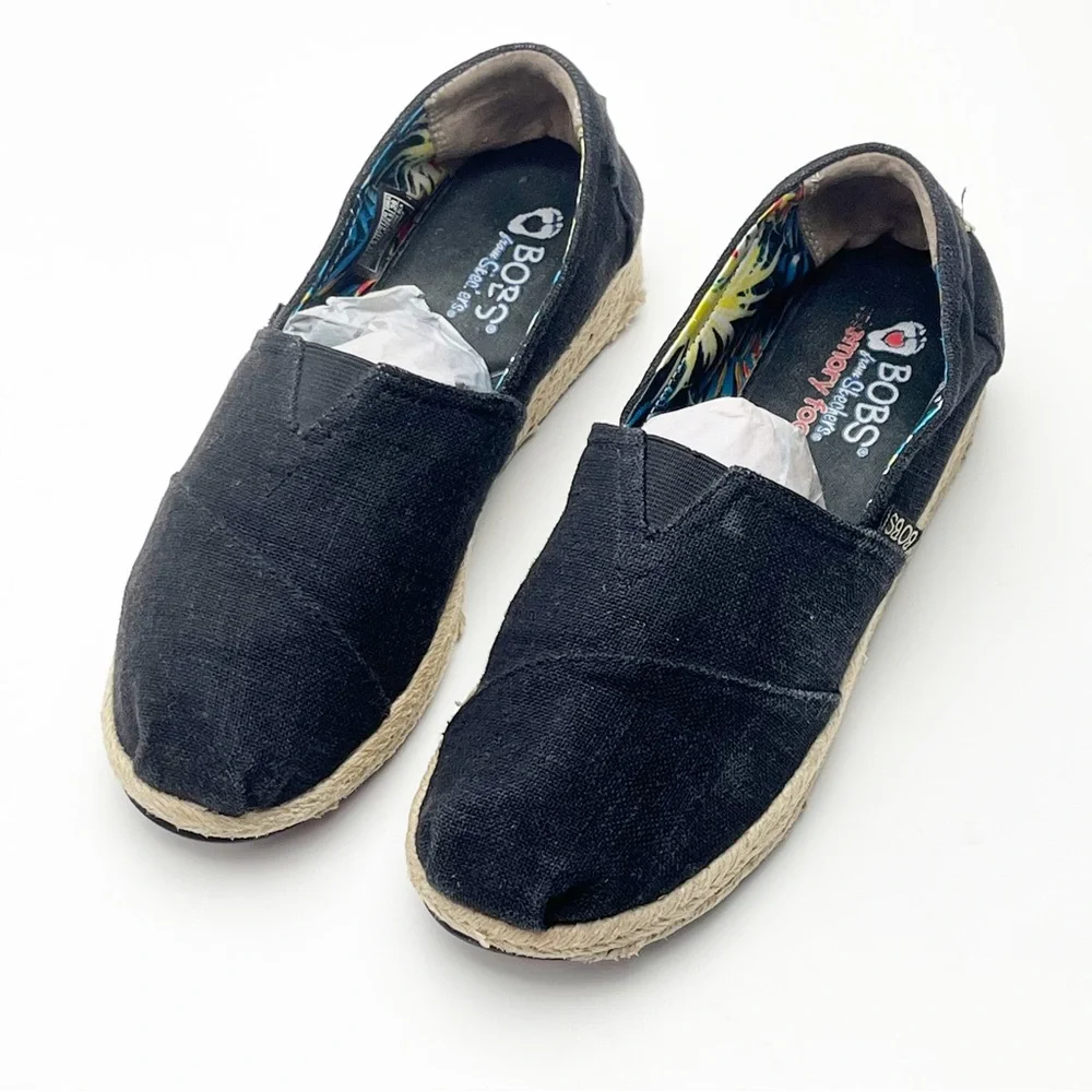 BOBS FROM SKECHERS Black Canvas Espadrilles Memory Foam Insole Slip On Shoes 7.5